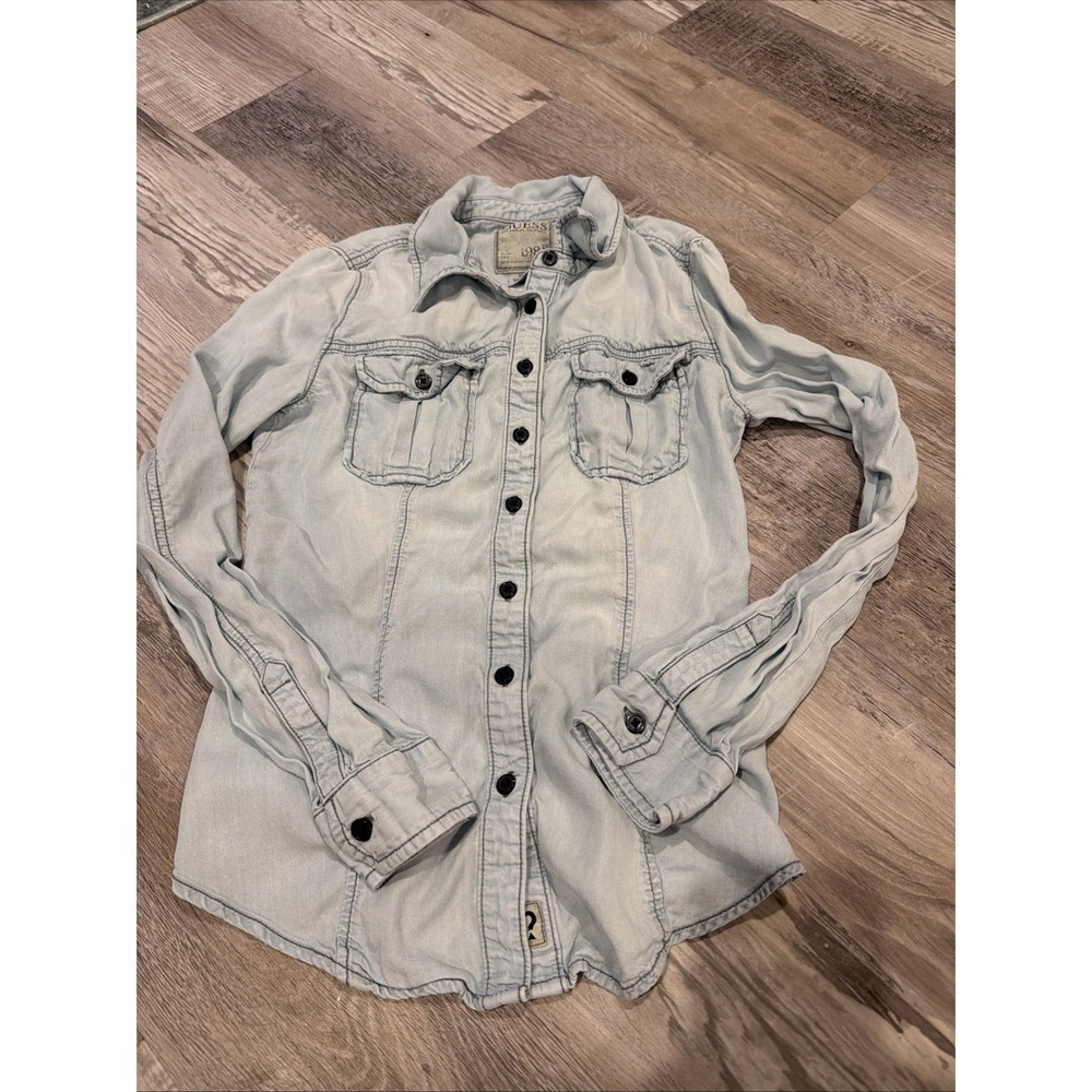 GUESS Denim Cotton Blend Light Blue button Up Shirt Size XSmall